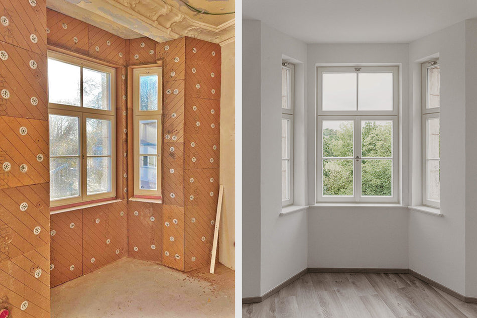 Vorher-Nachher-Vergleich einer Wand mit UdiIN RECO Innendämmung